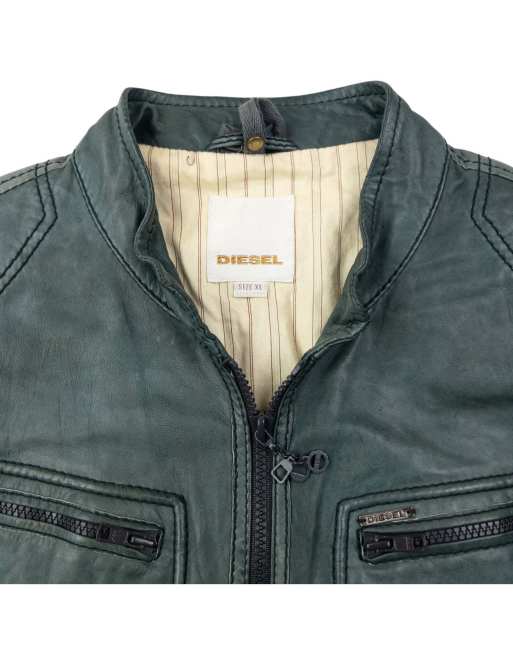 DIESEL 00s レザージャケット y2k S Vintage 2000s Diesel Zip Up Leather Jacket Size M in Green | ASOS