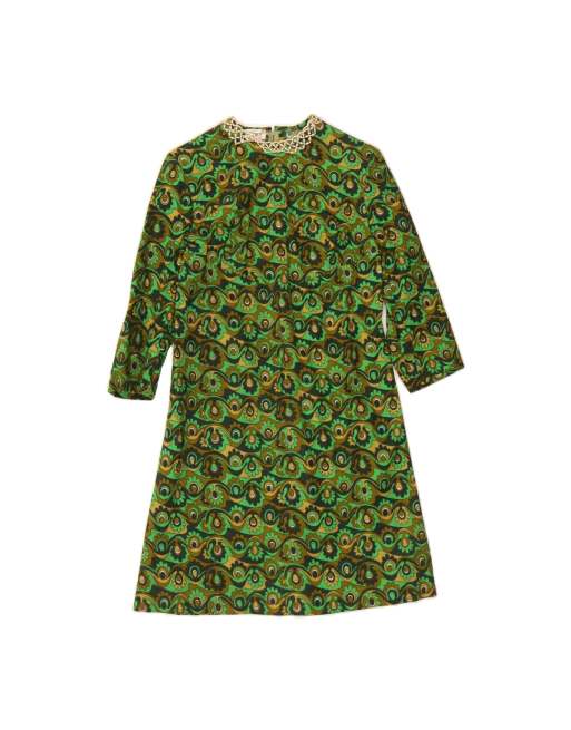 Vintage 3/4 Sleeve A-line Dress UK 10 Small In Green Paisley