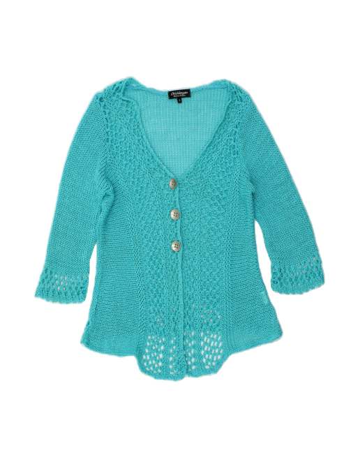 Vintage 3/4 Sleeve Asymmetric Cardigan Sweater US 3 Small In Turquoise