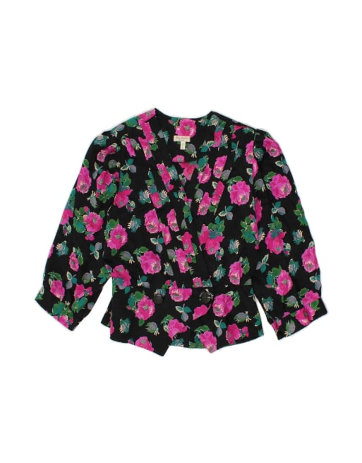 Vintage 3/4 Sleeve Blazer Jacket UK 14 Medium In Black Floral