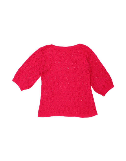 Vintage 3/4 Sleeve Boat Neck Jumper Sweater UK 14 Medium In Pink