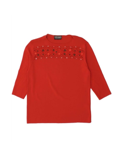 Vintage 3/4 Sleeve Boat Neck Jumper Sweater UK 16 Large In Red