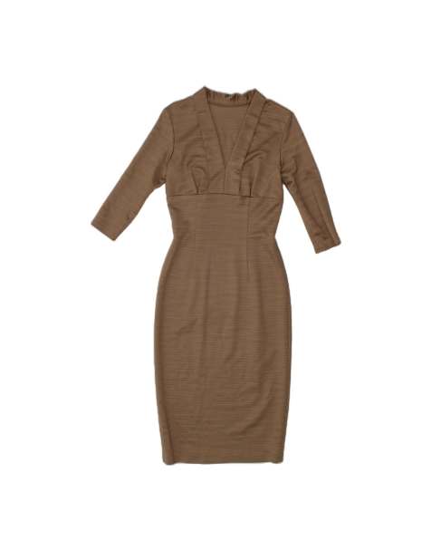 Vintage 3/4 Sleeve Bodycon Dress UK 10 Small In Beige Pinstripe - view 1