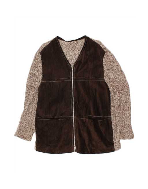 Vintage 3/4 Sleeve Cardigan Sweater UK 14 Large In Brown Colourblock