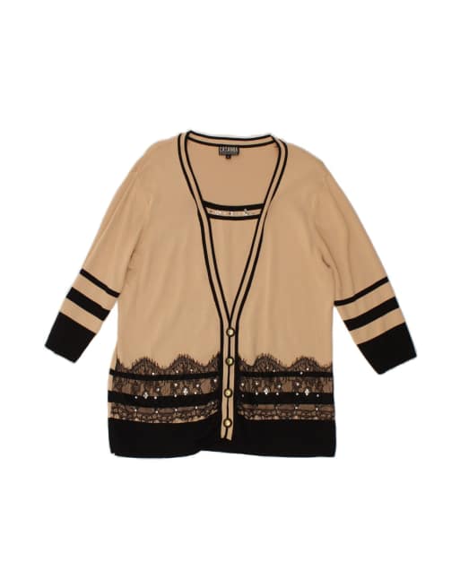 Vintage 3/4 Sleeve Cardigan Sweater UK 16 Large In Beige Striped
