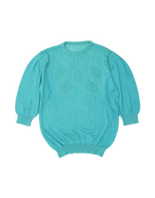 Vintage 3/4 Sleeve Crew Neck Jumper Sweater It 48 XL In Turquoise