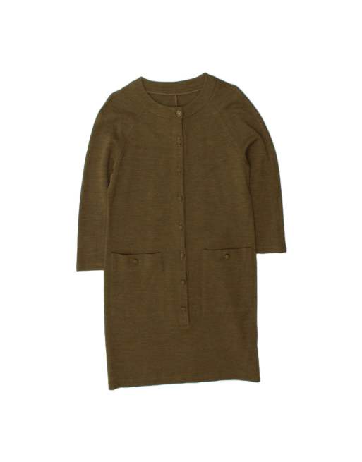 Vintage 3/4 Sleeve Jumper Dress UK 14 Medium In Khaki