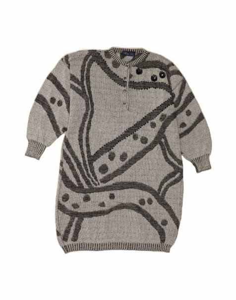 Vintage 3/4 Sleeve Jumper Dress UK 16 Large In Grey Striped - view 1
