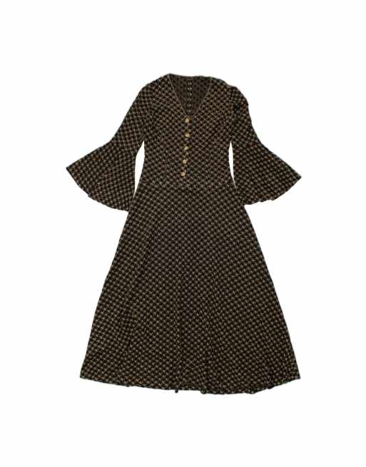Vintage 3/4 Sleeve Maxi Dress UK 14 Medium In Black Houndstooth