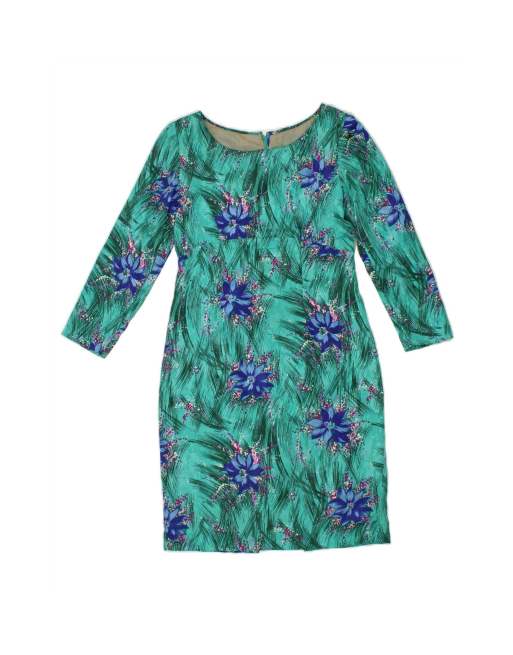 Vintage 3/4 Sleeve Sheath Dress UK 12 Medium In Turquoise Floral