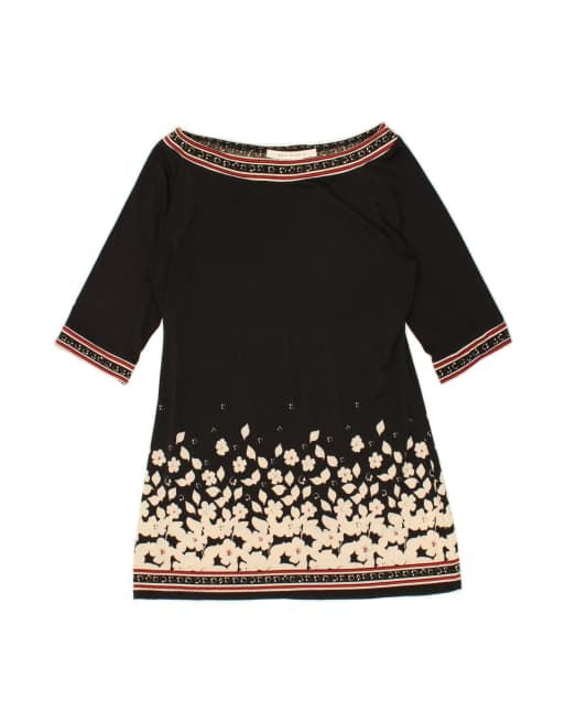 Vintage 3/4 Sleeve Tunic Top UK 12 Medium In Black Floral