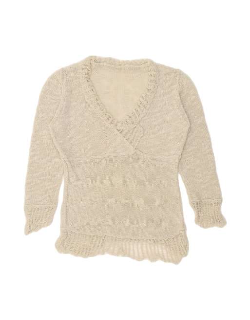 Vintage 3/4 Sleeve V-neck Jumper Sweater UK 12 Medium In Beige