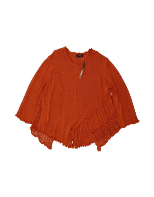 Vintage 3/4 Sleeve V-neck Jumper Sweater UK 14 Large In Orange