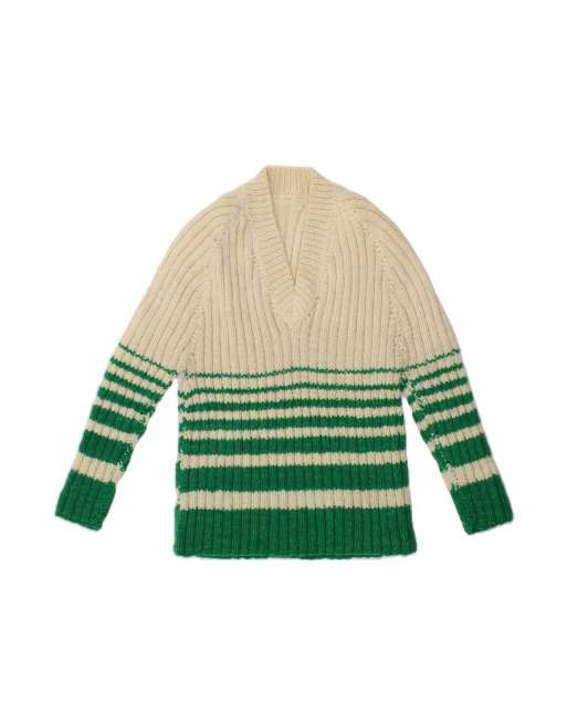 Vintage 3/4 Sleeve V-neck Jumper Sweater UK 14 Medium In Green Striped