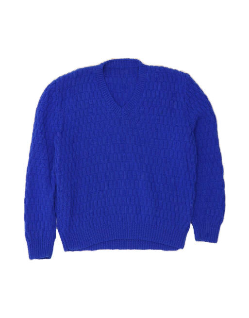Vintage 3/4 Sleeve V-neck Jumper Sweater UK 16 Large In Blue