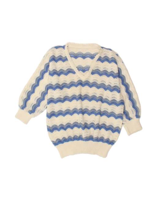 Vintage 3/4 Sleeve V-neck Jumper Sweater UK 16 Large In White Chevron