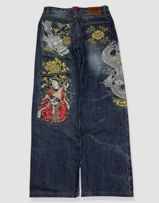 Vintage 30W 28L Karakuri Tamashii Japanese embroidered baggy jeans in blue