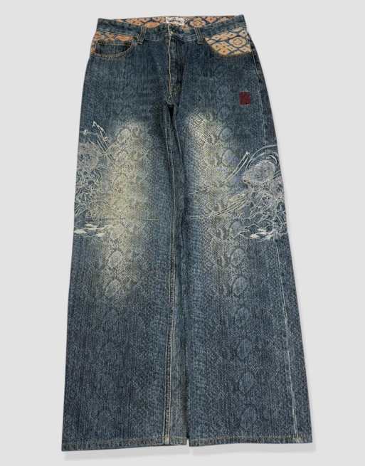 Vintage 30W 28L Karakuri Tamashii Japanese embroidered jeans in blue