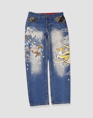 Vintage 30W 30L japanese embroidered jeans in blue