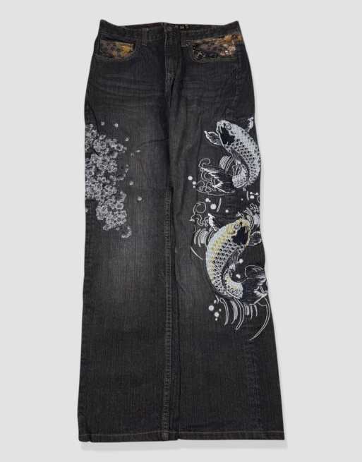 Vintage 30W 30L Japanese embroidered koi jeans in black