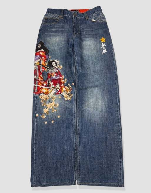 Vintage 30W 30L Japanese Tradition embroidered jeans in blue