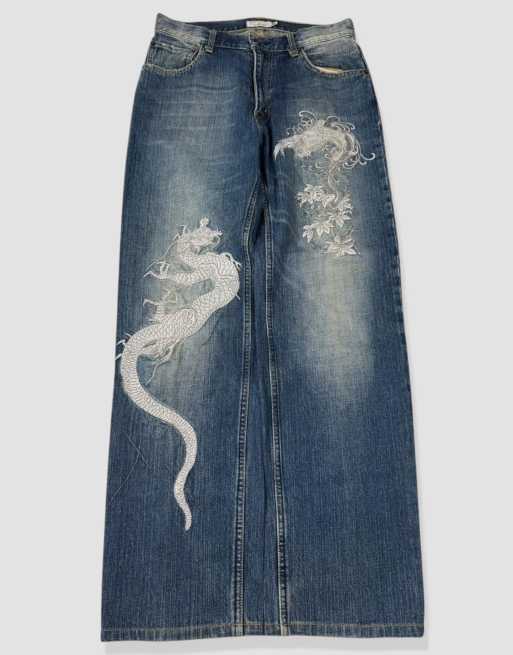 Vintage 30W 30L Karakuri Tamashii Japanese embroidered jeans in blue