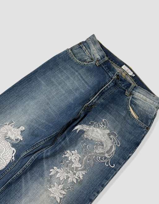 Vintage 30W 30L Karakuri Tamashii Japanese embroidered jeans in blue, 3 of 4