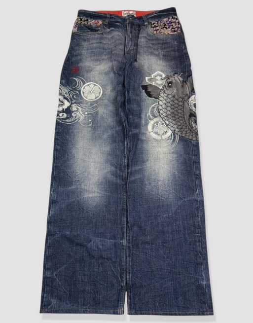 Vintage 30W 30L Karakuri Tamashii Japanese embroidered jeans in blue