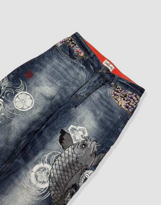 Vintage 30W 30L Karakuri Tamashii Japanese embroidered jeans in blue, 3 of 4
