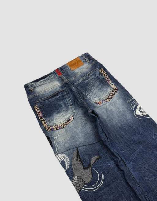 Vintage 30W 30L Karakuri Tamashii Japanese embroidered jeans in blue, 4 of 4