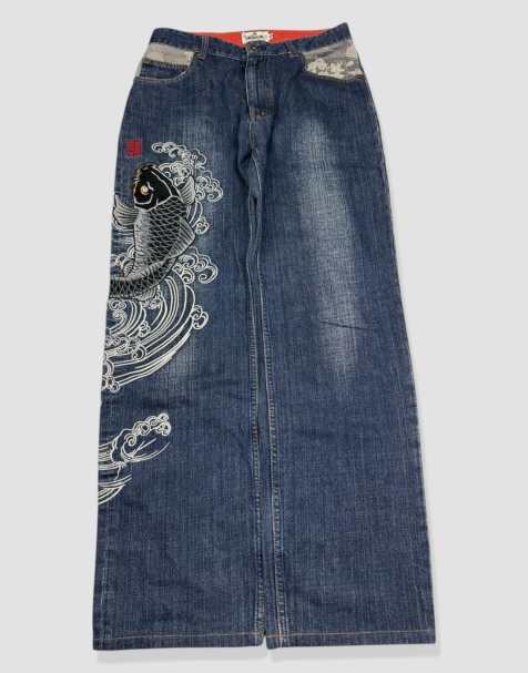 Vintage 30W 30L Karakuri Tamashii Japanese embroidered jeans in blue - view 1
