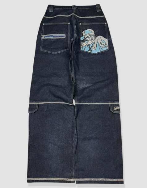 Vintage 30W 30L Y2K hip-hop skate embroidered jeans in blue - view 1