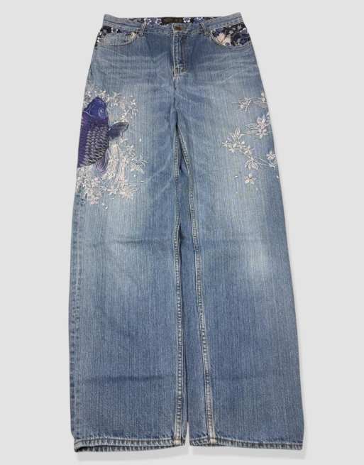 Vintage 30W 32L Japanese embroidered koi jeans in blue