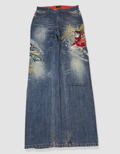 Vintage 30W 32L Japanese Tradition embroidered jeans in blue