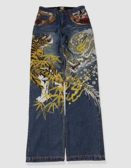 Vintage 30W 32L Japanese tradition embroidered jeans in blue