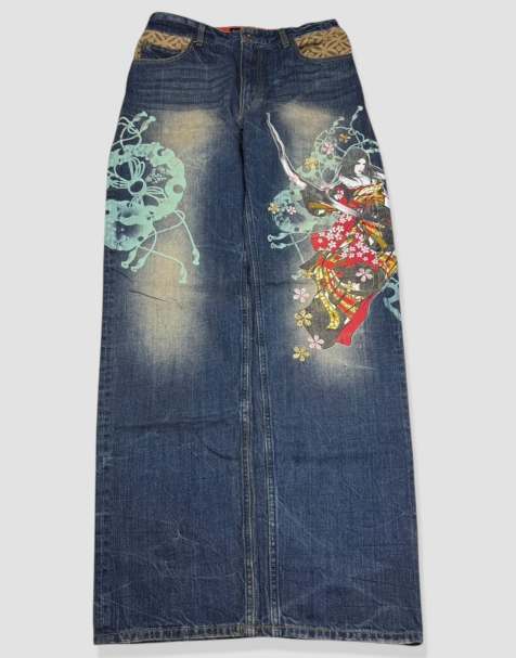 Vintage 30W 32L Japanese Tradition embroidered pattern jeans in blue - view 1