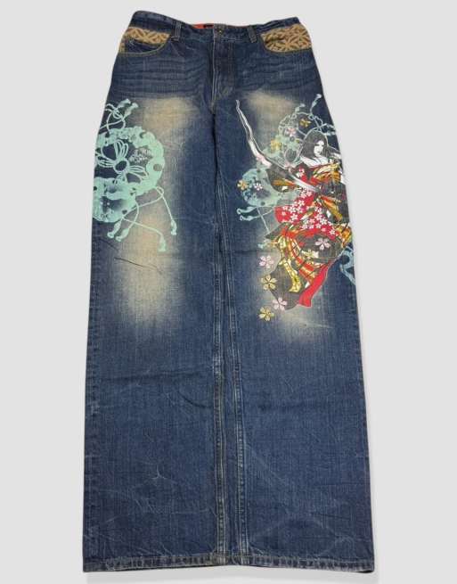 Vintage 30W 32L Japanese Tradition embroidered pattern jeans in blue