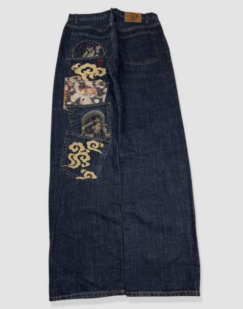 Vintage 30W 32L Karakuri Tamashii Japanese embroidered jeans in blue - view 1