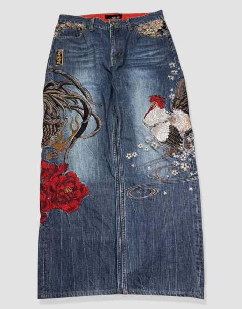 Vintage 32W 28L Karakuri Tamashii Japanese embroidered baggy jeans in blue - view 1