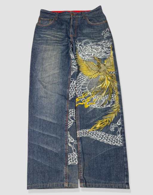 Vintage 32W 30L Japanese Tradition embroidered jeans in blue