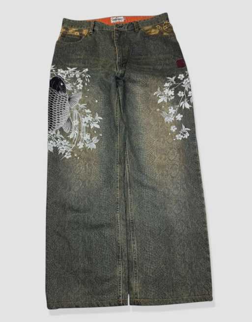 Vintage 32W 30L Karakuri Tamashii Japanese embroidered baggy jeans in green