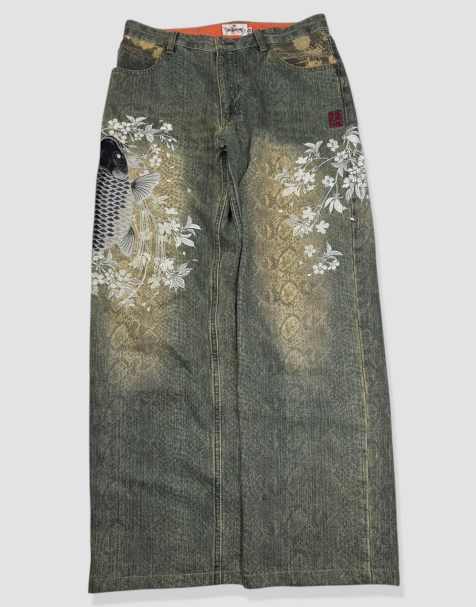 Vintage 32W 30L Karakuri Tamashii Japanese embroidered baggy jeans in green - view 1