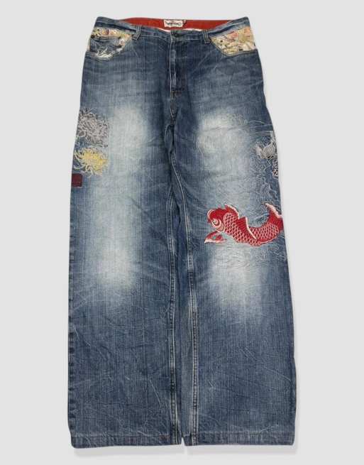 Vintage 32W 30L Karakuri Tamashii Japanese embroidered jeans in blue