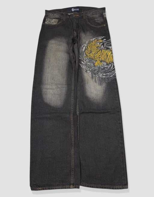 Vintage 32W 32L Japanese Tradition embroidered jeans in black