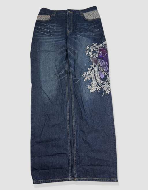 Vintage 32W 32L Japanese Tradition embroidered pattern jeans in blue