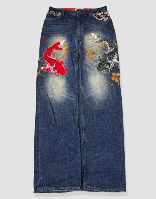 Vintage 32W 32L Karakuri Tamashii Japanese embroidered jeans in blue