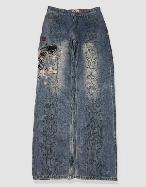 Vintage 32W 32L Karakuri Tamashii Japanese embroidered jeans in blue