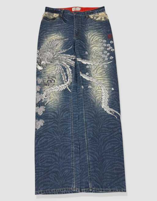 Vintage 32W 32L Karakuri Tamashii Japanese embroidered jeans in blue