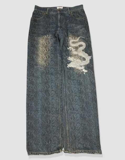 Vintage 32W 32L Karakuri Tamashii Japanese embroidered jeans in blue - view 1