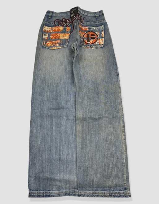 Vintage 32W 32L Paco embroidered baggy jeans in blue